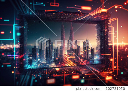 Big data connection technology. Cityscape telecommunication and communication network concept. Generative AI Big data connection technology. Cityscape telecommunication and communication network concept. Generative AI 102721050