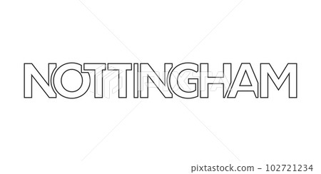 Nottingham city in the United Kingdom that offers a unique blend of urban and historical landmarks. The design features a geometric style illustration with bold typography in a modern font on white Nottingham city in the United Kingdom that offers a unique blend of urban and historical landmarks. The design features a geometric style illustration with bold typography in a modern font on white 102721234