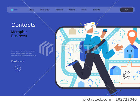 Memphis business illustration. Contacts -modern flat vector concept illustration of a postman running with a letter, tablet screen, map, location bubble, email, phone Commerce business sales metaphor. 102723046