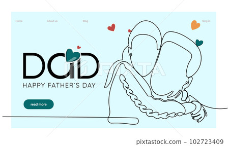 Hugs of a father with a child. One continuous line drawing banner, background, poster with family embrace. Happy Father Day simple vector illustration of child and father. Vector illustration Hugs of a father with a child. One continuous line drawing banner, background, poster with family embrace. Happy Father Day simple vector illustration of child and father. Vector illustration 102723409