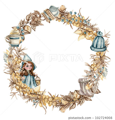 Flowers sea buckthorn wreath, for cards,backgrounds. Watercolor illustration for scrapbooking. Cartoon hand drawn background with flower for kids design.Perfect for wedding invitation. 102724008