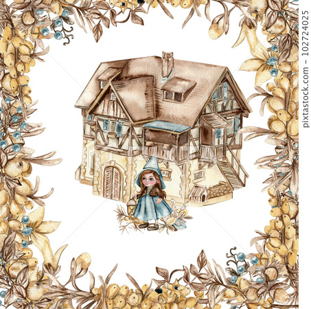 Watercolor autumn square frame with sea buckthorn llustration of autumn for scrapbooking, nvitation, osters, reetings cards, party decoration,wedding stationary, greetings, fashion,posters, ackground. 102724025