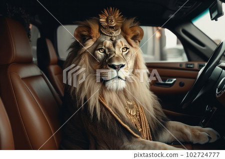 African adventure the lion king sitting in the car seat, on a thrilling safari through the wild African landscape. AI Generative. 102724777