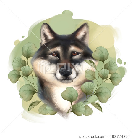 Cute dog with leaves. Spring animal illustration Cute dog with leaves. Spring animal illustration 102724891