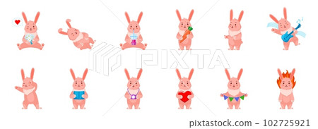 Collection of cute rabbit. Cartoon hare character design set. Bunny in various poses and emotions 102725921