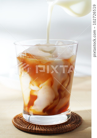 將冷牛奶倒入冰茶中。 102726519