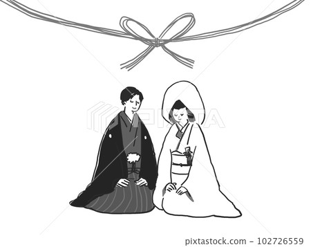 Bride and groom in pure white and haori hakama (monochrome) Bride and groom in pure white and haori hakama (monochrome) 102726559