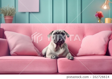 Pug dog lying on pink sofa, pet waiting on couch in room, generative AI. 102726614