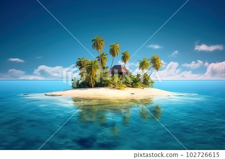 Tiny tropical island with hut and palms surrounded sea blue water, generative AI. 102726615