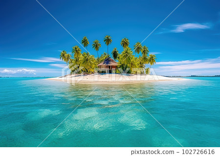Small tropical island with hut and palms surrounded sea blue water, generative AI. 102726616