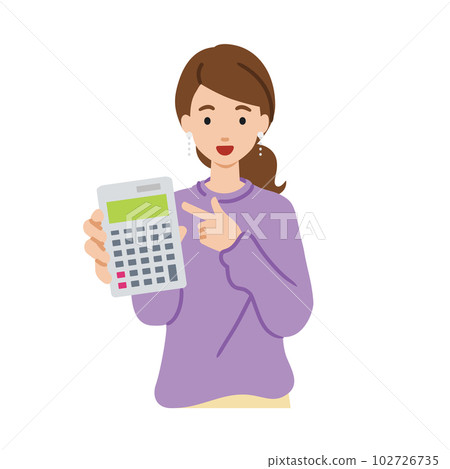 A woman in a sweatshirt standing and pointing at a calculator 102726735