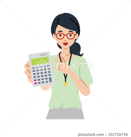 站著指著計算器的女老師 102726736
