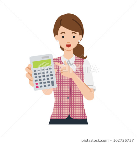 一位身穿文員制服的女士站著指著計算器 一位身穿文員制服的女士站著指著計算器 102726737