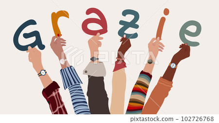 Raised arms of a group of multiethnic people holding the letters that form the Italian word -thank you- in their hands. Teamwork. Gratitude and agreement between colleagues.Appreciation 102726768