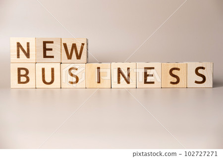 The word NEW BUSINESS on wooden cubes on a beige neutral studio background. Copy Space. Written. Text words matter. Conceptual Photo. Career symbol. The concept of volume increase make business grow. 102727271