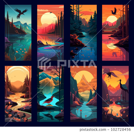 Natural scenery vertical banner set, nature landscape screensaver with mountains and forest, rivers and trees, sunset and mountains, eco earthy wallpaper template design. Vector illustration 102728456