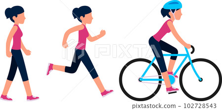 Woman walking, running and riding a bicycle 102728543