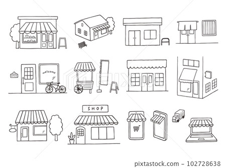 Hand-drawn illustration set of various shops (monochrome) 102728638