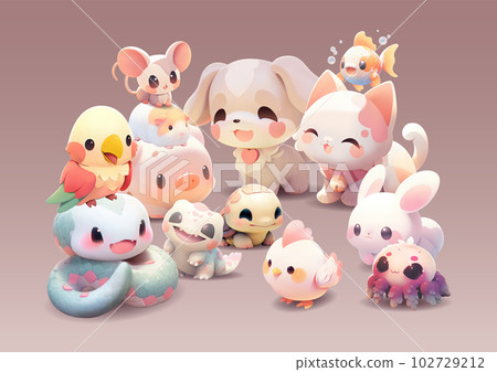 Group of a cute little animals with a kind smiling face and big eyes. Group of a cute little animals with a kind smiling face and big eyes. 102729212