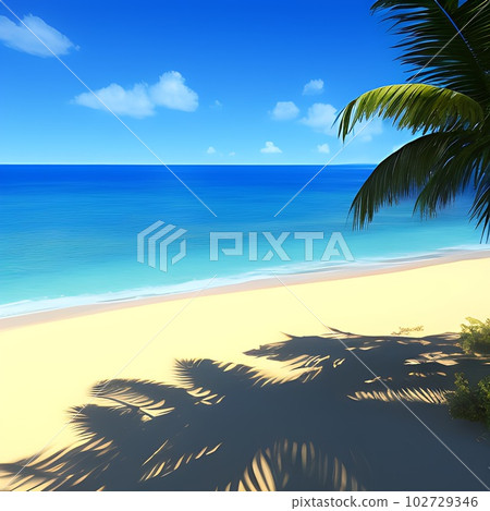 Scenery with blue sky, blue sea and sandy beach seen from the shade of palm trees on a summer day "AI-generated image" 102729346