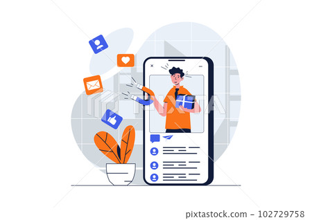 Social media marketing web concept with character scene. Man attracting audience with magnet content in blog. People situation in flat design. Vector illustration for social media marketing material. Social media marketing web concept with character scene. Man attracting audience with magnet content in blog. People situation in flat design. Vector illustration for social media marketing material. 102729758