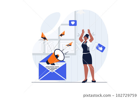 Social media marketing web concept with character scene. Woman making online promotion with promo newsletters. People situation in flat design. Vector illustration for social media marketing material. 102729759