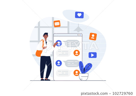Social media marketing web concept with character scene. Man making online promotion with messages in chats. People situation in flat design. Vector illustration for social media marketing material. Social media marketing web concept with character scene. Man making online promotion with messages in chats. People situation in flat design. Vector illustration for social media marketing material. 102729760