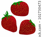 set of realistic fresh strawberry with leaves, fruit cut in half, fruit without their calyx, isolated on light pink background. 102730473