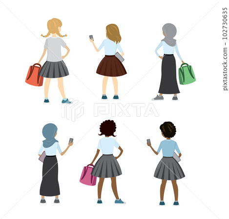 Set of characters schoolgirls of different nations,back view Set of characters schoolgirls of different nations,back view 102730635