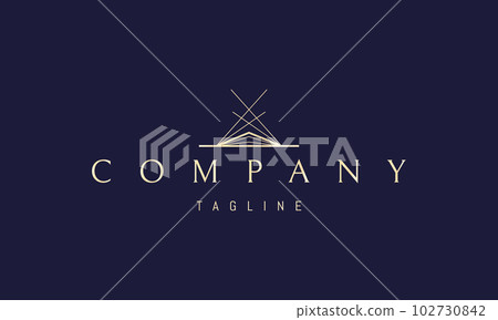 Vector golden logo on which an abstract image of a building standing in the distance with lines of perspective. 102730842
