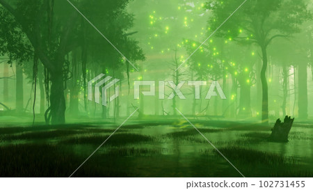 Swampy night forest with magical firefly lights Swampy night forest with magical firefly lights 102731455