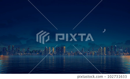 Abstract city skyline against night sky with moon 102731633