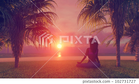 Woman in meditation lotus pose on tropical beach 102731727