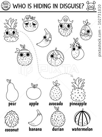 Black and white pirate fruit hide and seek game. Treasure island hunt matching activity for kids. Sea adventures seek and find line worksheet. Simple printable game or coloring page Black and white pirate fruit hide and seek game. Treasure island hunt matching activity for kids. Sea adventures seek and find line worksheet. Simple printable game or coloring page 102731810
