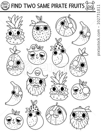 Black and white find two same pirate fruits. Treasure island line matching activity for children. Sea adventures educational quiz worksheet or coloring page for kids with cute banana, apple Black and white find two same pirate fruits. Treasure island line matching activity for children. Sea adventures educational quiz worksheet or coloring page for kids with cute banana, apple 102731811