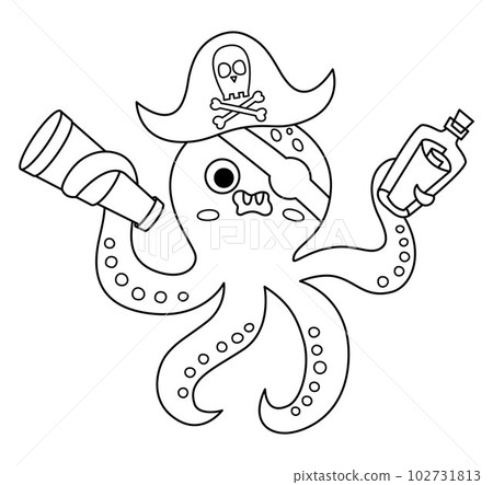 Black and white vector pirate octopus icon. Cute line sea animal illustration. One eye treasure island hunter with eye patch, telescope and bottle with map. Funny pirate party or coloring page Black and white vector pirate octopus icon. Cute line sea animal illustration. One eye treasure island hunter with eye patch, telescope and bottle with map. Funny pirate party or coloring page 102731813