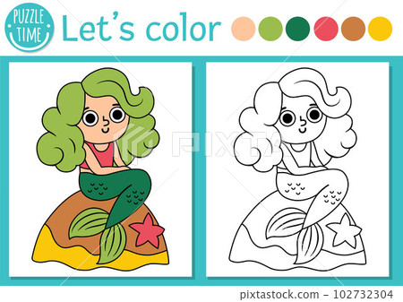 Pirate coloring page for children with cute mermaid. Vector treasure island outline illustration. Color book for kids with colored example and sea princess. Drawing skills printable worksheet Pirate coloring page for children with cute mermaid. Vector treasure island outline illustration. Color book for kids with colored example and sea princess. Drawing skills printable worksheet 102732304