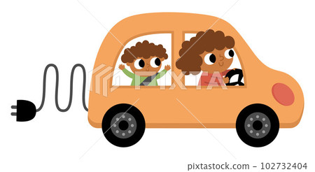 Mother and baby driving electro car. Alternative transport concept. Earth day illustration with family on ecological transportation. Emission reduce icon Mother and baby driving electro car. Alternative transport concept. Earth day illustration with family on ecological transportation. Emission reduce icon 102732404