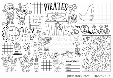 Vector pirate placemat for kids. Treasure hunt printable activity mat with maze, tic tac toe charts, connect the dots, find difference. Sea adventure black and white play mat or coloring page 102732406