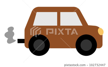 Brown car emitting exhaust gases. Traditional transport harm concept. Automobile with exhaust pipe illustration isolated on white background. Emission reduce icon 102732447