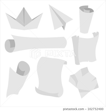 Vector paper set. Paper ship, scroll, plane and serviette illustration. Origami clip art isolated on white background. Vector paper set. Paper ship, scroll, plane and serviette illustration. Origami clip art isolated on white background. 102732480