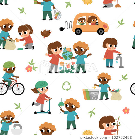 Ecological vector seamless pattern with children. Cute eco friendly repeat background. Boys and girls saving water, energy, seeding plants, caring of environment. Earth day digital paper 102732498