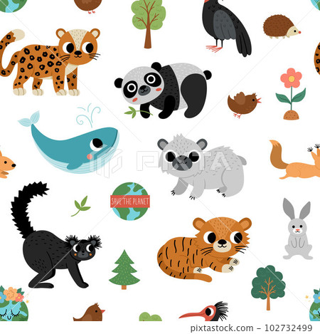 Vector endangered species seamless pattern. Cute extinct animals repeat background. Funny digital paper for kids with amur leopard, blue whale, black lemur, polar bear, panda Vector endangered species seamless pattern. Cute extinct animals repeat background. Funny digital paper for kids with amur leopard, blue whale, black lemur, polar bear, panda 102732499