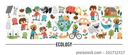 Vector ecological horizontal set with cute children caring of nature. Earth day card template for banners, invitations. Cute environment friendly illustration with planet, waste recycling concept 102732517