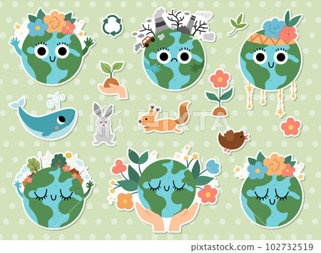 Vector earth stickers set for kids. Earth day patches collection with cute kawaii smiling planets. Environment friendly badge icons with globe and forest, pollution or flowers on top 102732519