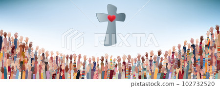 Group of many Christians with raised hands praying or singing to the Lord. Christianity in the world. Christian worship. Concept of faith and hope in Jesus Christ. Background with cross 102732520
