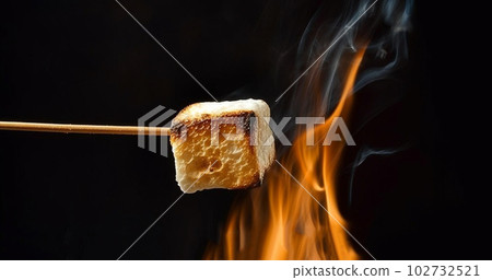 Banner Of Two Marshmallows On A Stick Roasting Over Campfire On Black Background - Camping Summer Fun Concept copy space 102732521