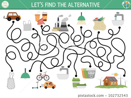 Ecological maze for children. Earth day preschool activity. Eco awareness or zero waste labyrinth game, puzzle. Nature protection printable worksheet with alternative energy and transport concept Ecological maze for children. Earth day preschool activity. Eco awareness or zero waste labyrinth game, puzzle. Nature protection printable worksheet with alternative energy and transport concept 102732543