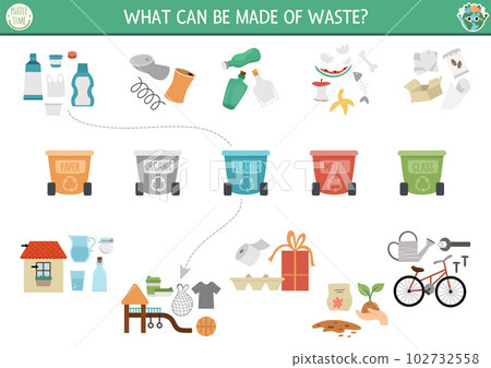 Ecological matching activity with waste sorting concept. Earth day puzzle. Printable worksheet or game. Sort out garbage. Eco awareness page for kids with rubbish bins. What can be made of waste? 102732558