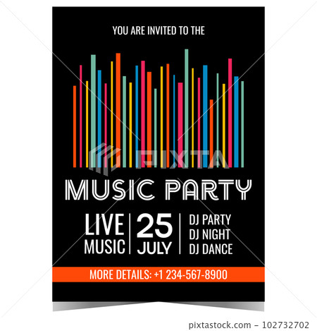 Music party banner, poster or invitation flyer with colourful stripes and white text on black background. Vector illustration in flat style for night club or disco dance club and nightlife promotion. 102732702